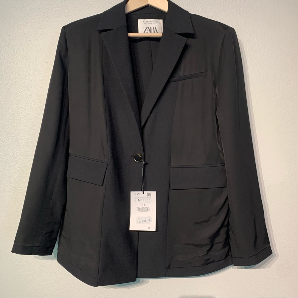 ZARA Wool Blend Structured Blazer Black Tailored Jacket NWT Medium - Picture 2 of 12